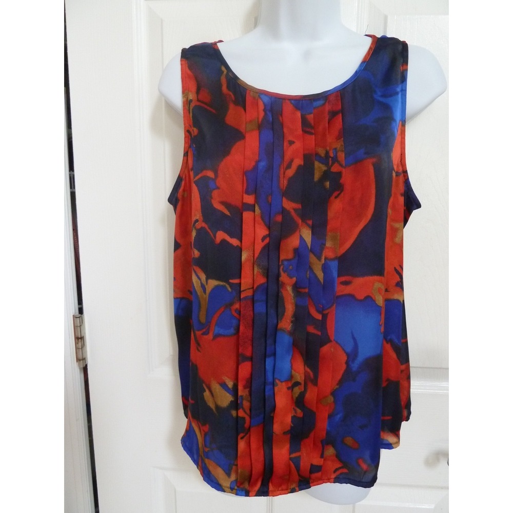 Anne Klein Women Satiny Career Blouse Large Red Blue Abstract Pleated Side Zip